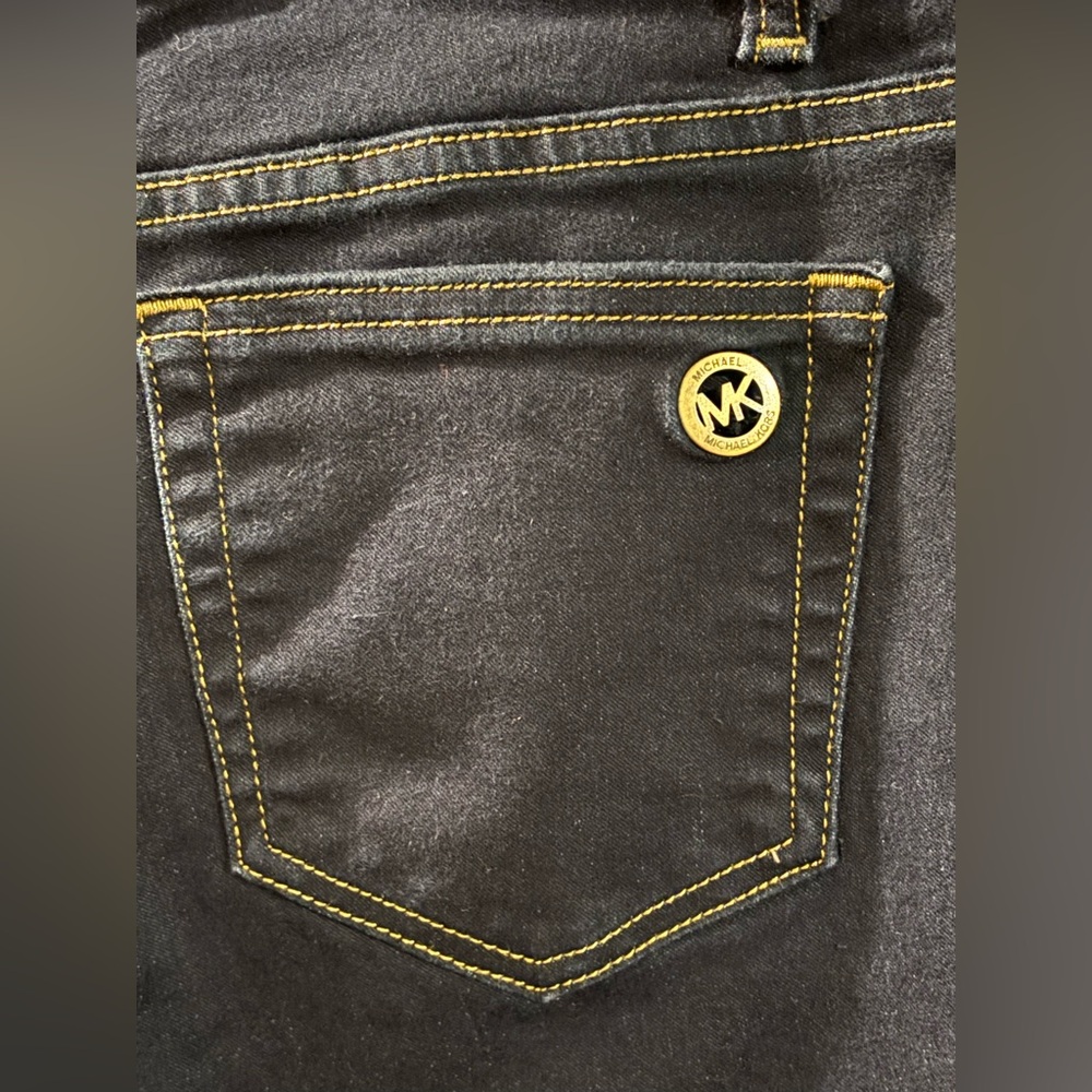 Michael Kors Black Skinny Jeans with Yellow Stitching and Gold MK Button